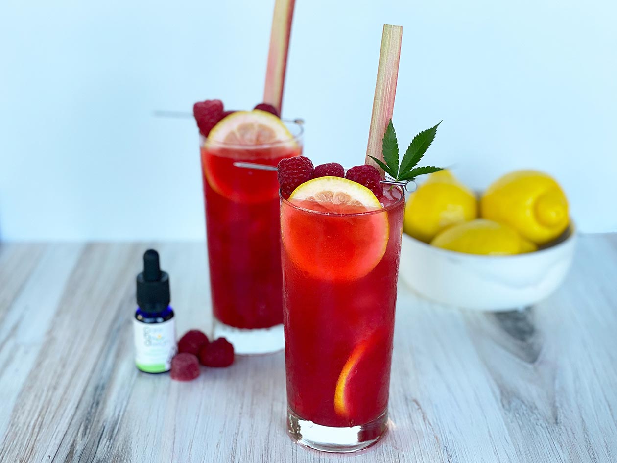 Photo of Raspberry Rhubarb Palmer cocktail with raspberry gummy garnish