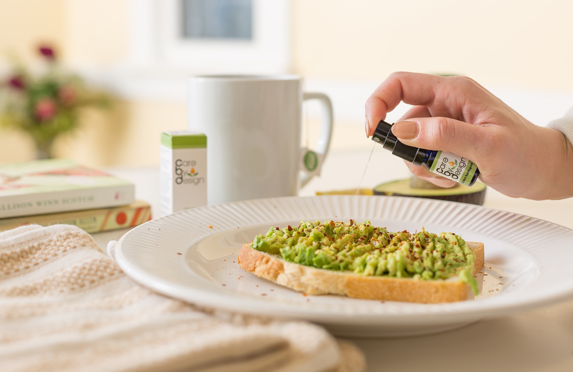 Avocado toast on a plate with Care By Design tincture